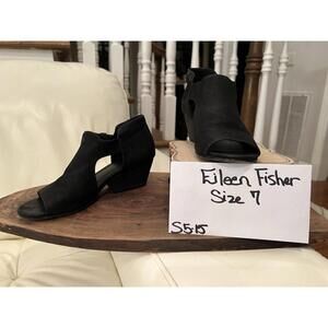 Eileen Fisher Black Leather Peep Toe Booties Womens Size 7 Wedge Heel